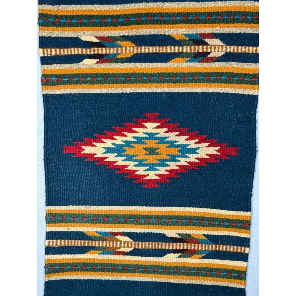 Vintage Zapotec Mexican Wool Tapestry Runner Blue Southwestern 100% Lana